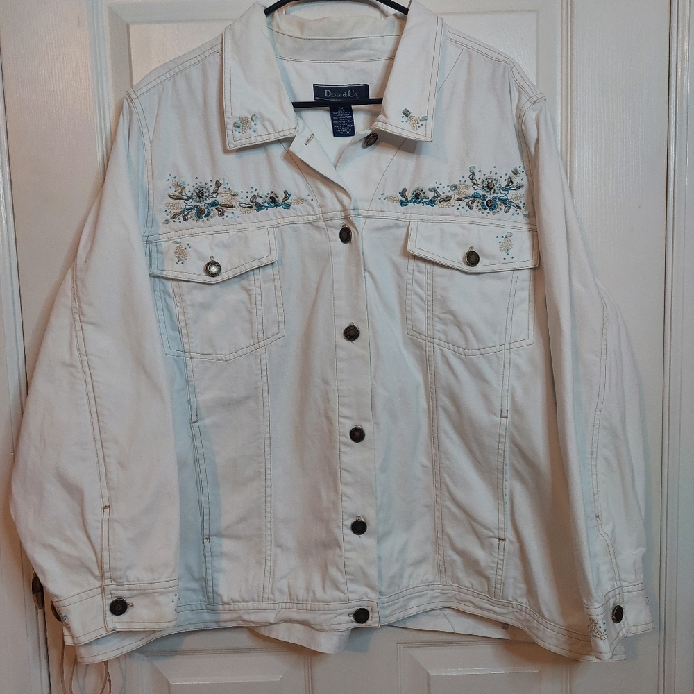 Denim & Co White Stone Beaded Floral Embroidered Jacket Coastal Bohemian Size 3X